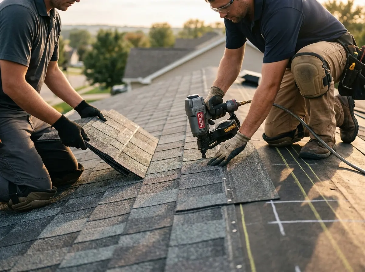 Professional roofer working on a residential roof in Palos Heights